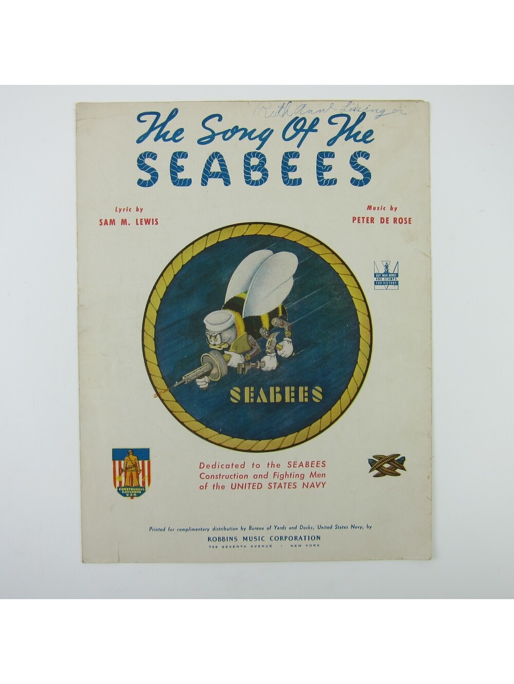 Sheet Music Song of the Seabees Navy Enlist Recruitment Sam Lewis Vintage 1942